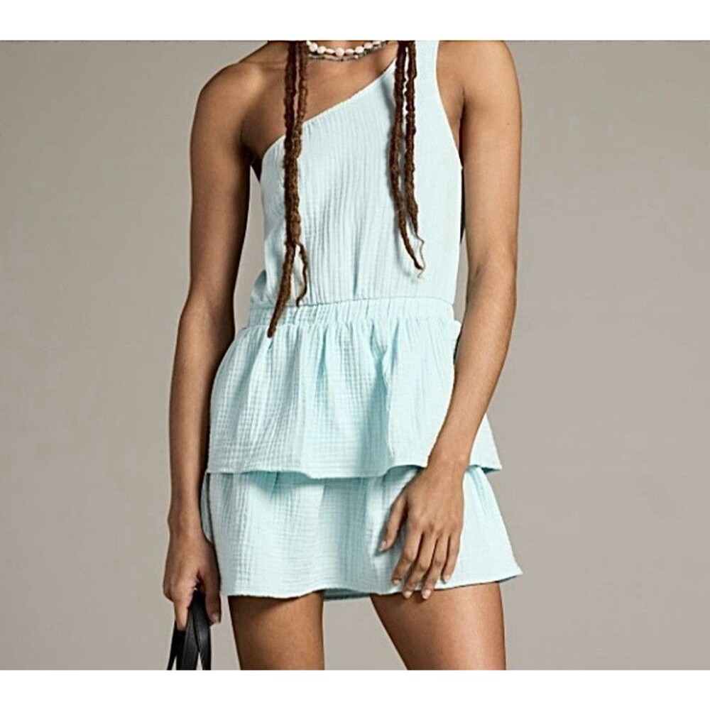 Anthropologie Sol Angeles Womens Beach Cover Up Dress Crepe Blue Halter Tiered